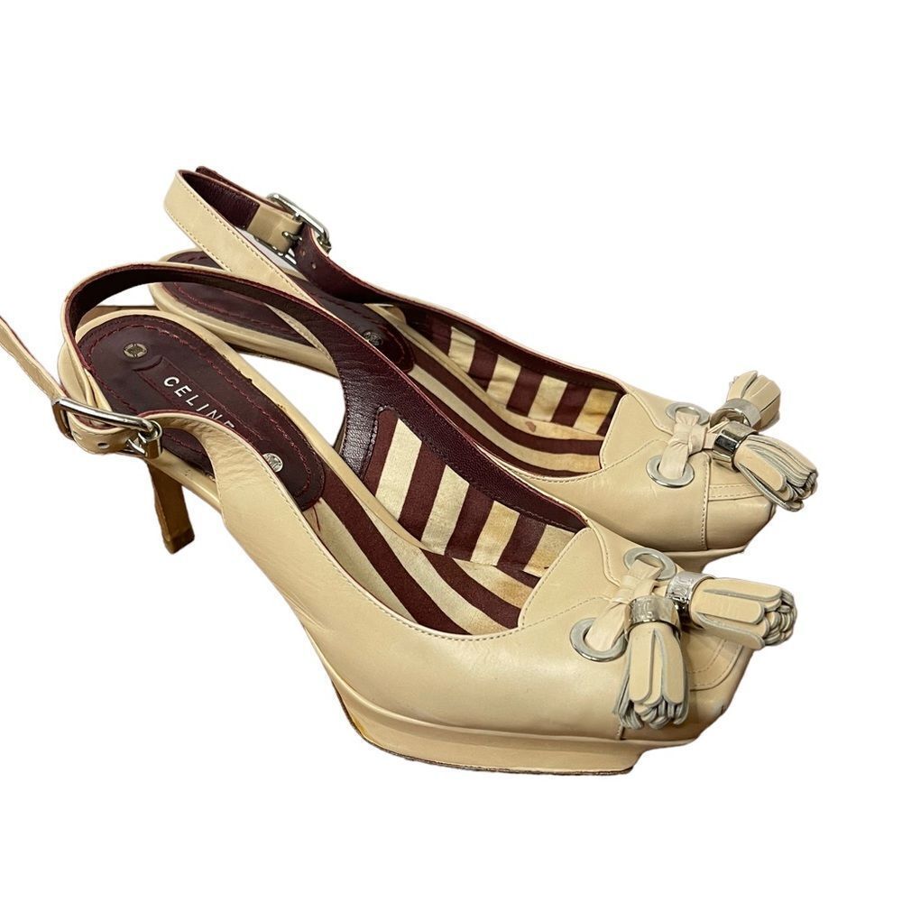 Celine Nude Platform Pumps Heels Sling Back Tassels Square Toe Size 36